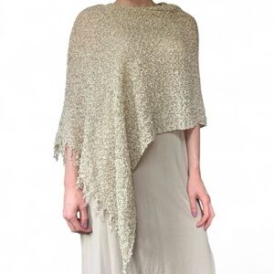 CEJON Y2K Asymmetric Poncho Shawl Fringe Open Knit Beige Shimmer Boho Scandi OS